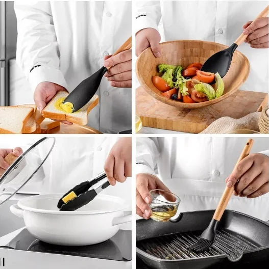 Kit Utensílios de Cozinha em Silicone premium - Conjunto completo com suporte organizado / resistente ao calor