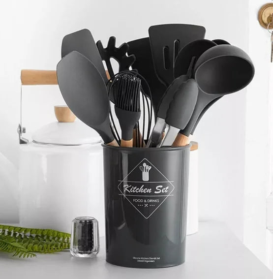 Kit Utensílios de Cozinha em Silicone premium - Conjunto completo com suporte organizado / resistente ao calor