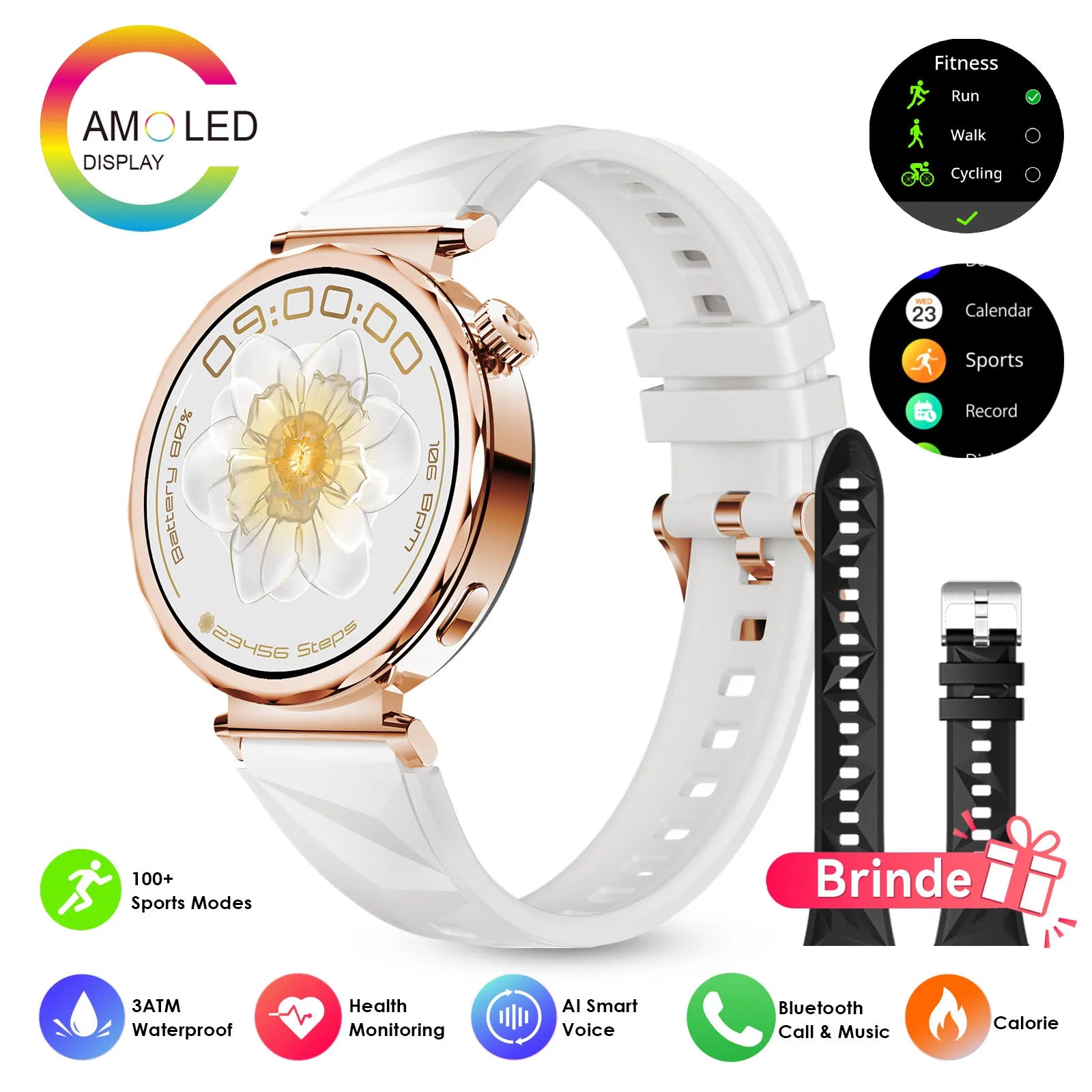 Smartwatch Feminino AURAFIT ELLA 4 – Faz e Recebe Chamadas, Tela HD, 100+ Modos Esportivos, Monitor de Saúde, Android e iOS