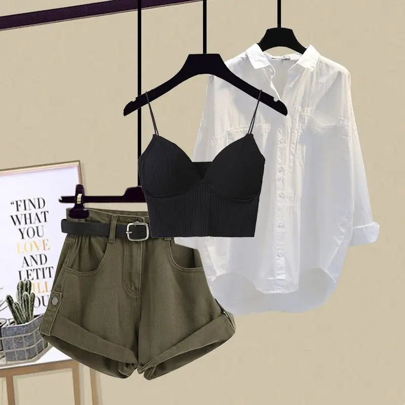 Conjunto Feminino Primavera/Verão 3 Peças Estilo Coreano – Top Sling + Camisa Casual + Shorts
