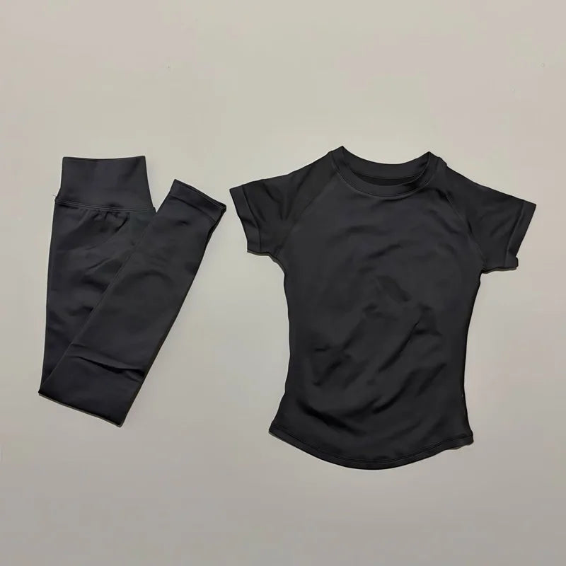 Conjunto Fitness Feminino 2 Peças Seamless HISTELLO Top Cropped Manga Curta + Legging Cintura Alta para Academia e Yoga