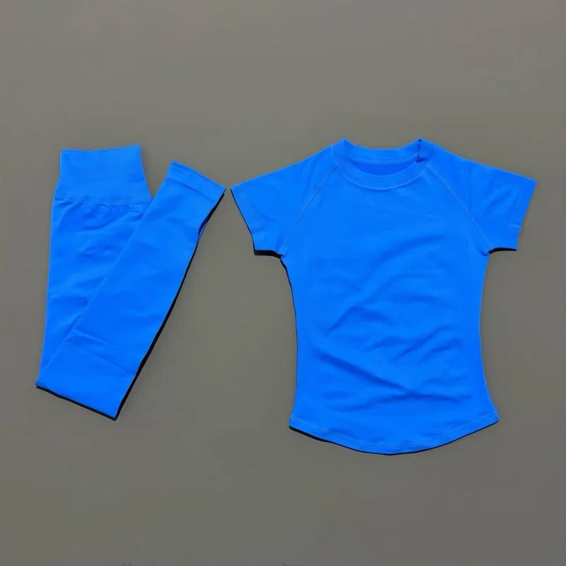 Conjunto Fitness Feminino 2 Peças Seamless HISTELLO Top Cropped Manga Curta + Legging Cintura Alta para Academia e Yoga