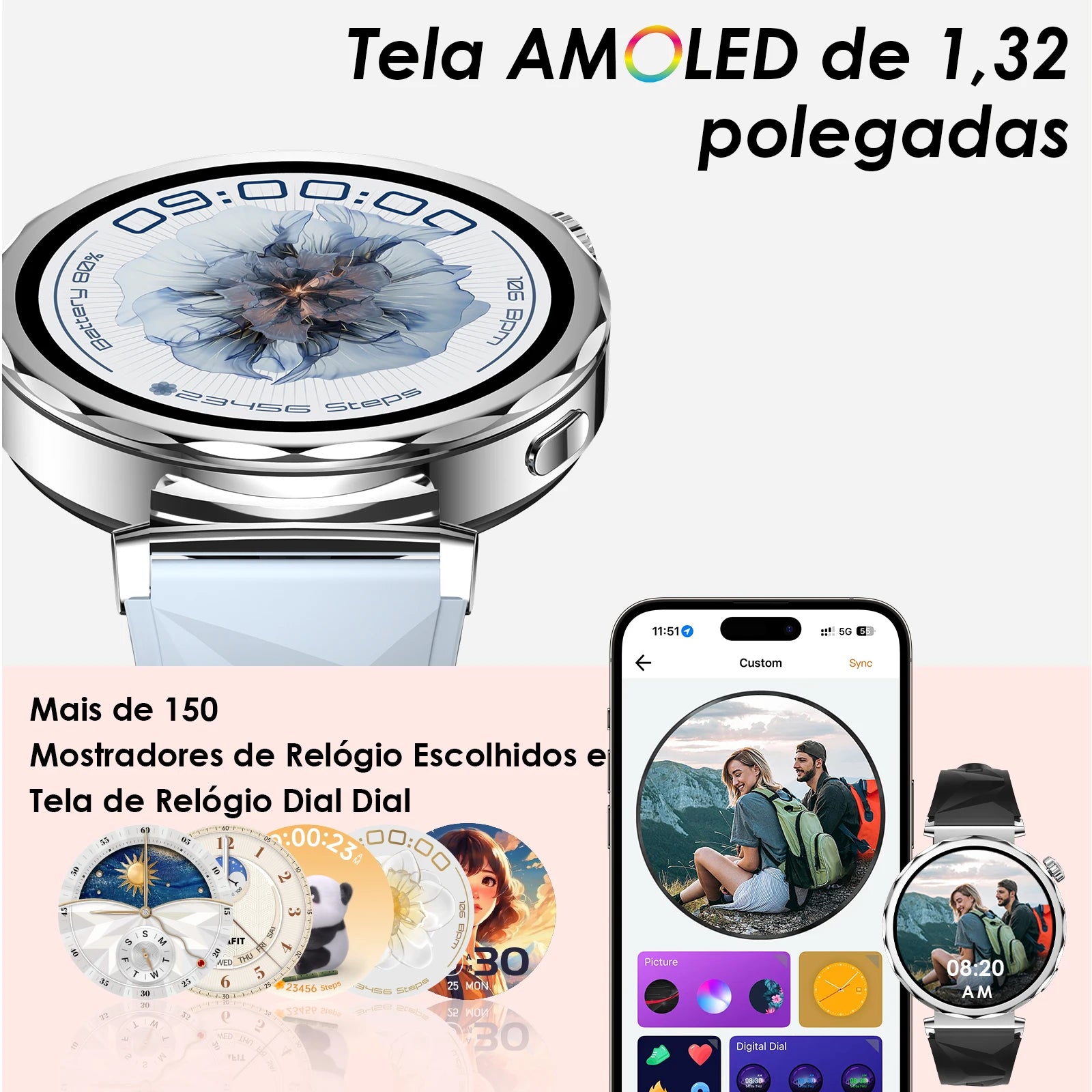 Smartwatch Feminino AURAFIT ELLA 4 – Faz e Recebe Chamadas, Tela HD, 100+ Modos Esportivos, Monitor de Saúde, Android e iOS