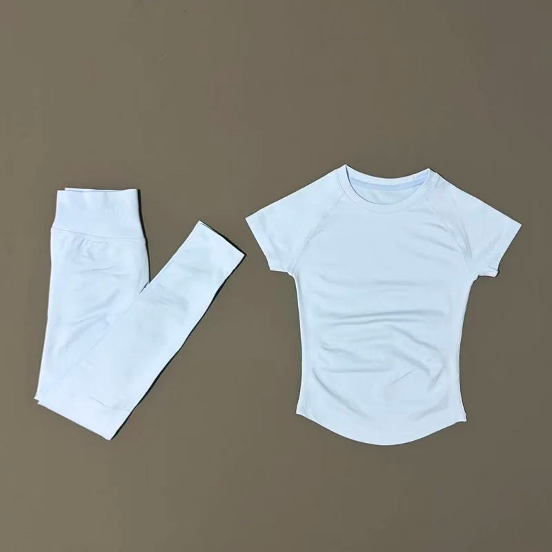 Conjunto Fitness Feminino 2 Peças Seamless HISTELLO Top Cropped Manga Curta + Legging Cintura Alta para Academia e Yoga