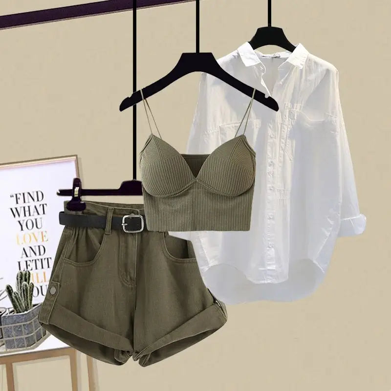 Conjunto Feminino Primavera/Verão 3 Peças Estilo Coreano – Top Sling + Camisa Casual + Shorts