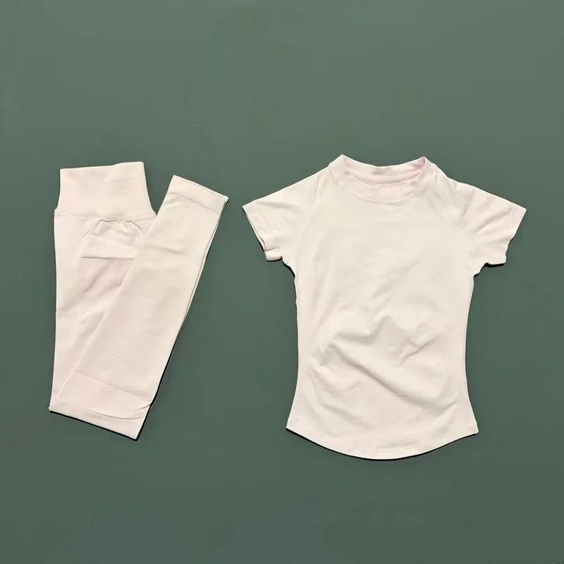 Conjunto Fitness Feminino 2 Peças Seamless HISTELLO Top Cropped Manga Curta + Legging Cintura Alta para Academia e Yoga