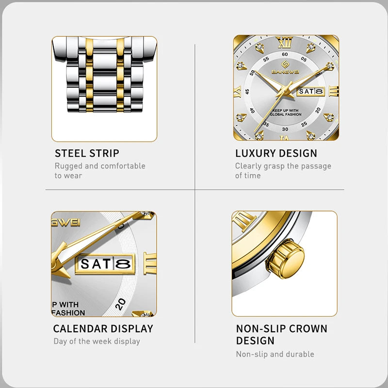 Relógio Feminino LIGE Diamond Luxo – Aço Inoxidável, Design Elegante, À Prova D’Água, Pulseira Premium