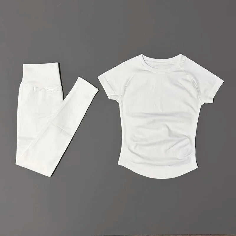 Conjunto Fitness Feminino 2 Peças Seamless HISTELLO Top Cropped Manga Curta + Legging Cintura Alta para Academia e Yoga