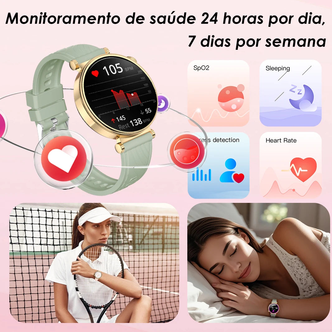 Smartwatch Feminino AURAFIT ELLA 2 – Tela AMOLED 1.43”, Faz e Recebe Chamadas, Monitor de Saúde, IP68, Android e iOS