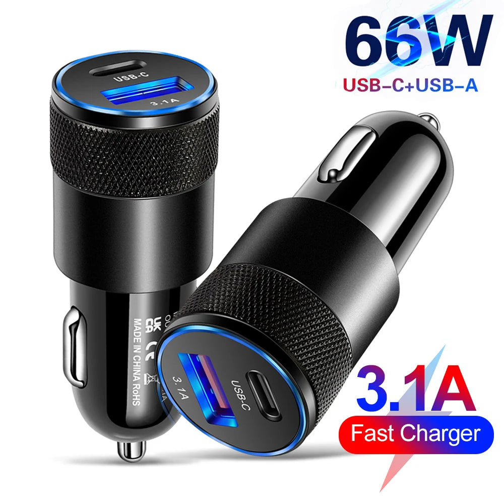 Carregador Veicular 66W Turbo Fast Charging USB-C – Adaptador Automotivo PD Super Rápido para Xiaomi, Huawei e Android