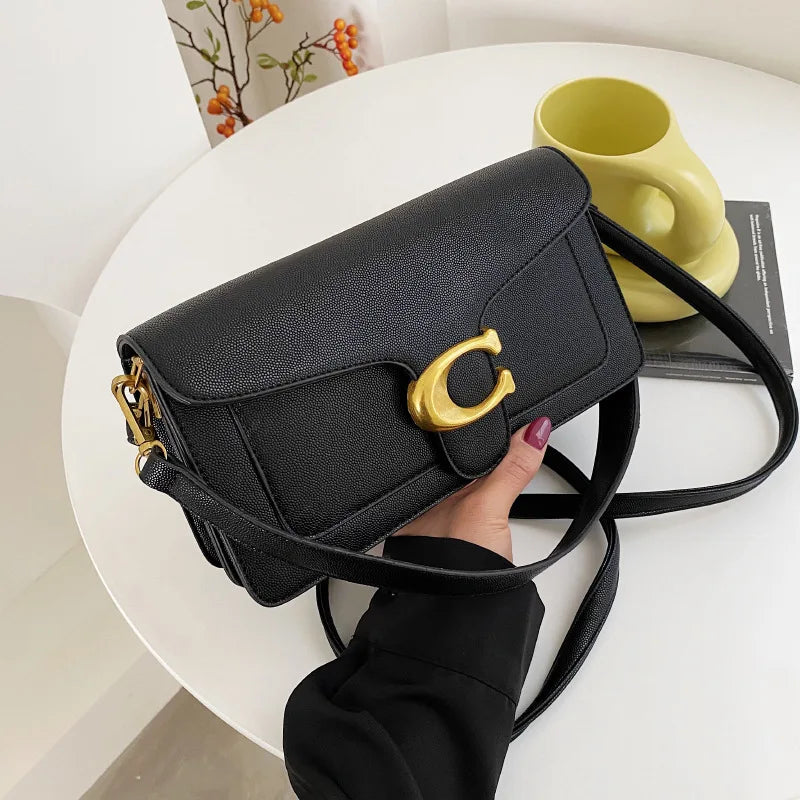 Bolsa Feminina Elegante Transversal – Modelo Clássico com Fivela Dourada, Alça Ajustável, Estilo Luxo