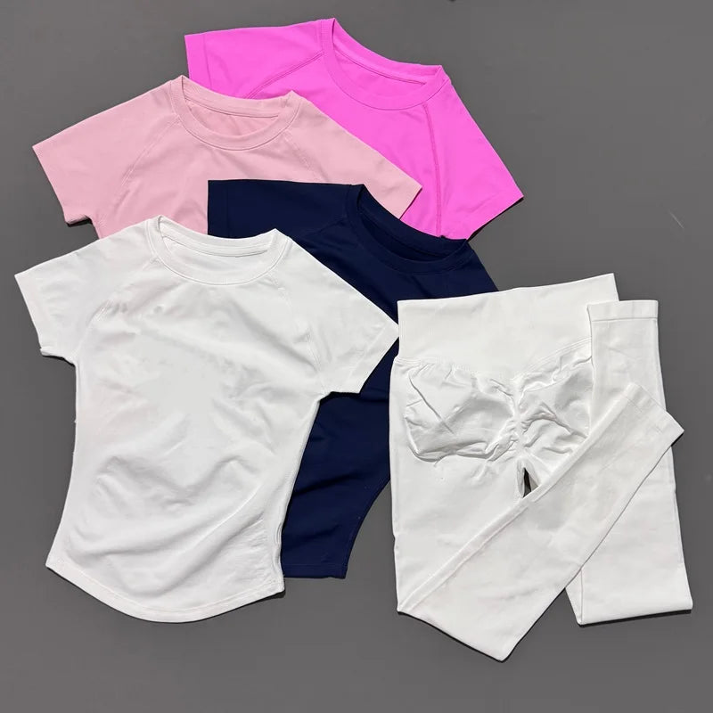 Conjunto Fitness Feminino 2 Peças Seamless HISTELLO Top Cropped Manga Curta + Legging Cintura Alta para Academia e Yoga