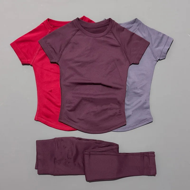 Conjunto Fitness Feminino 2 Peças Seamless HISTELLO Top Cropped Manga Curta + Legging Cintura Alta para Academia e Yoga