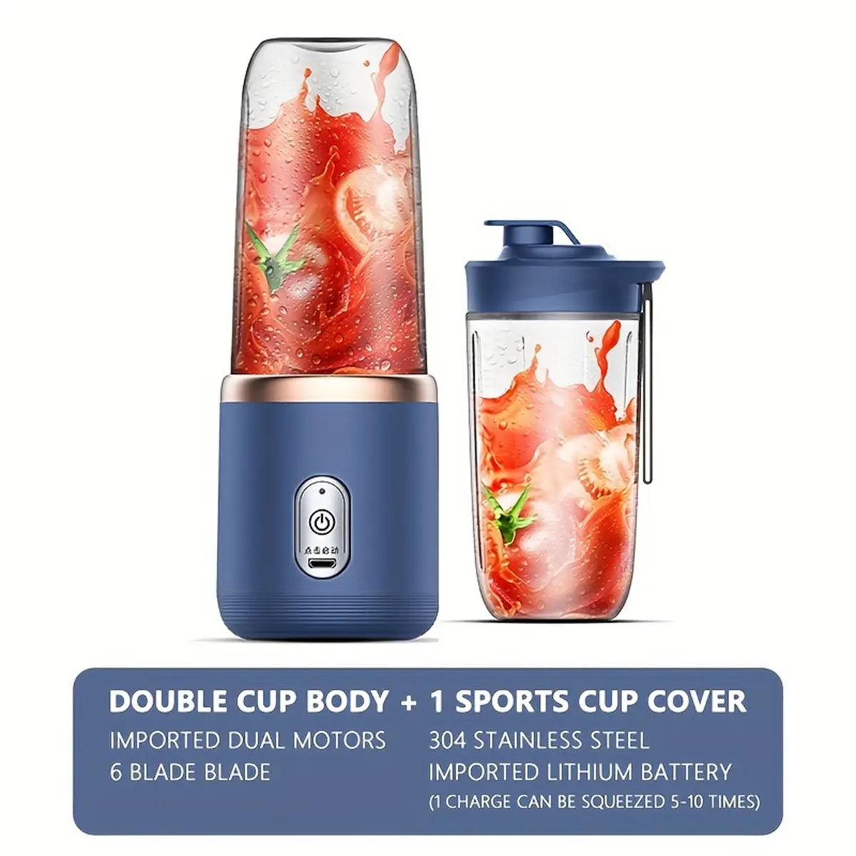 Liquidificador Portátil Double Cup USB – Suco, Shake e Smoothie em Qualquer Lugar
