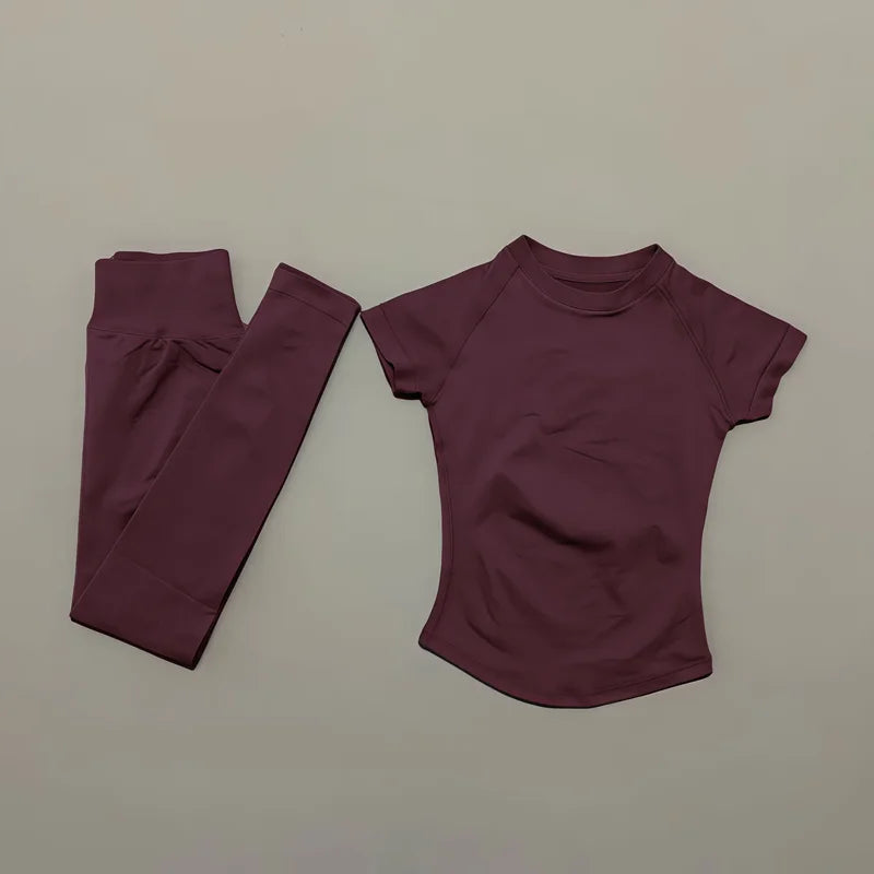 Conjunto Fitness Feminino 2 Peças Seamless HISTELLO Top Cropped Manga Curta + Legging Cintura Alta para Academia e Yoga