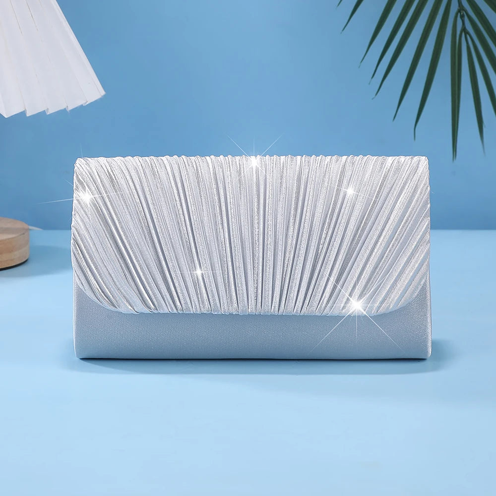 Bolsa Clutch Feminina Elegante – Bolsa de Festa Luxo, Transversal com Corrente, Design Plissado Premium