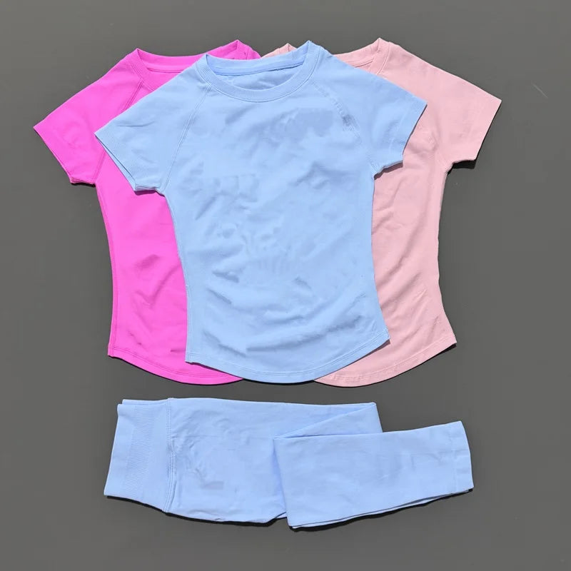 Conjunto Fitness Feminino 2 Peças Seamless HISTELLO Top Cropped Manga Curta + Legging Cintura Alta para Academia e Yoga