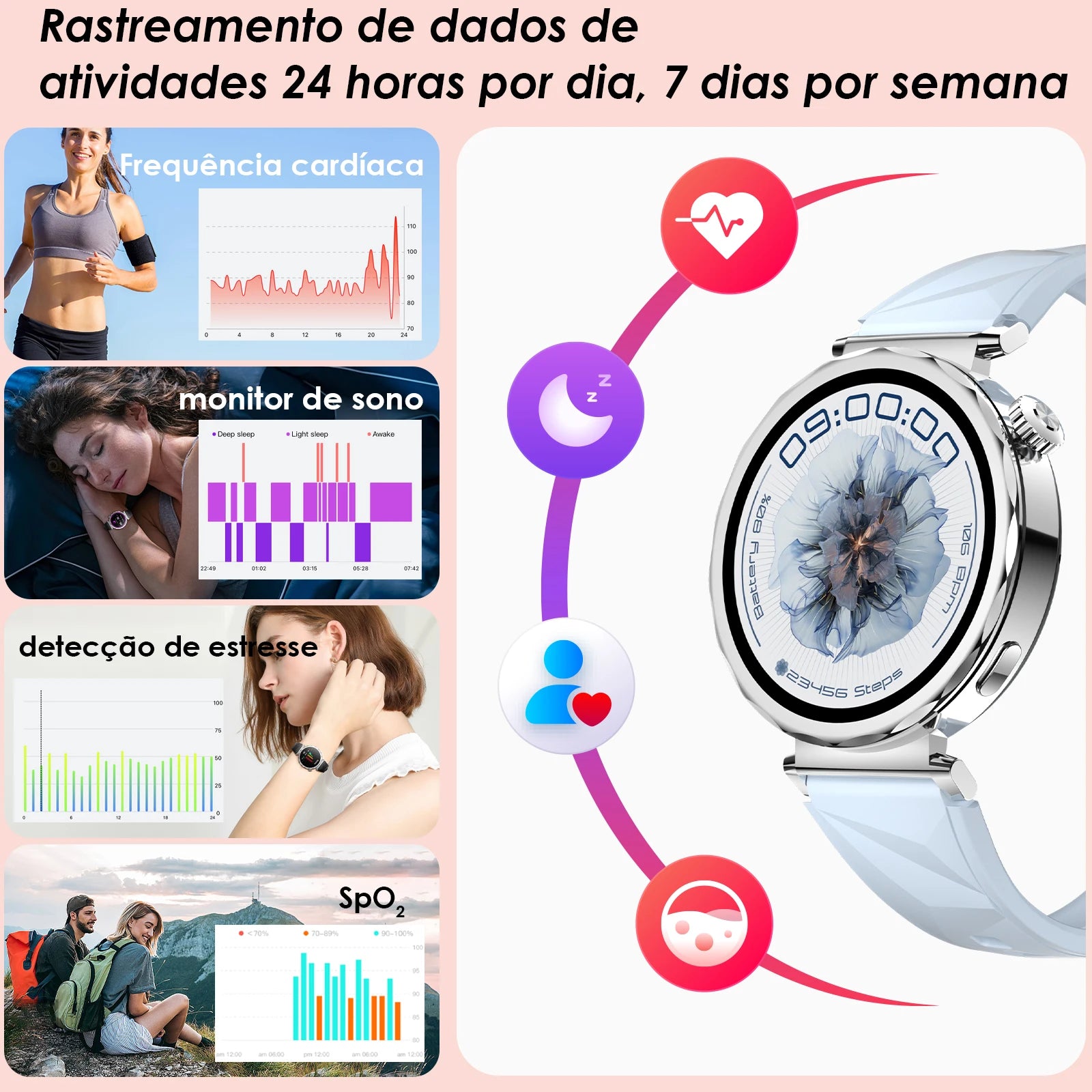Smartwatch Feminino AURAFIT ELLA 4 – Faz e Recebe Chamadas, Tela HD, 100+ Modos Esportivos, Monitor de Saúde, Android e iOS