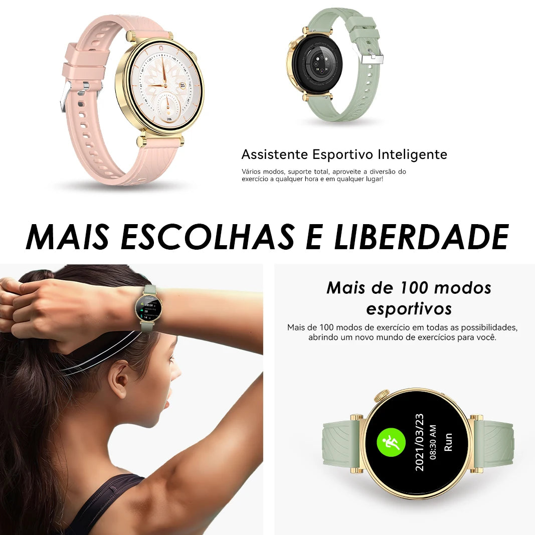 Smartwatch Feminino AURAFIT ELLA 2 – Tela AMOLED 1.43”, Faz e Recebe Chamadas, Monitor de Saúde, IP68, Android e iOS