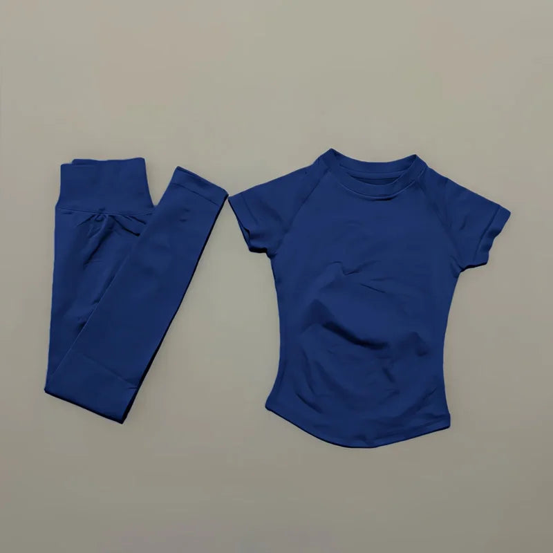 Conjunto Fitness Feminino 2 Peças Seamless HISTELLO Top Cropped Manga Curta + Legging Cintura Alta para Academia e Yoga