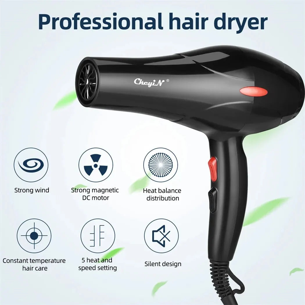 Secador de Cabelo Profissional CkeyiN 1600W com Íons Negativos – Ar Quente e Frio com Difusor e Bico Direcionador
