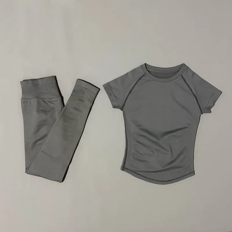 Conjunto Fitness Feminino 2 Peças Seamless HISTELLO Top Cropped Manga Curta + Legging Cintura Alta para Academia e Yoga