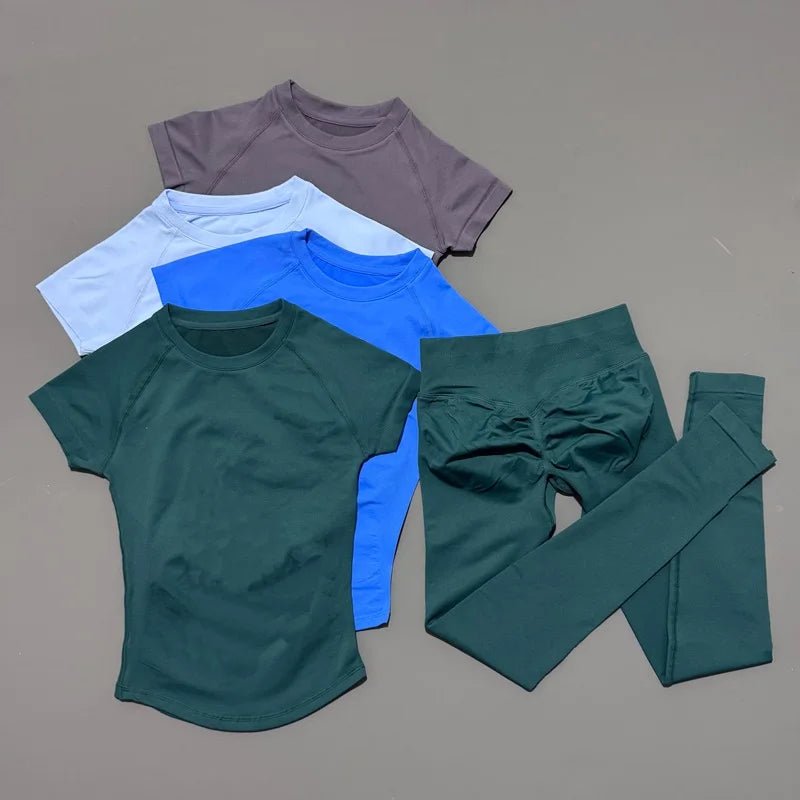 Conjunto Fitness Feminino 2 Peças Seamless HISTELLO Top Cropped Manga Curta + Legging Cintura Alta para Academia e Yoga